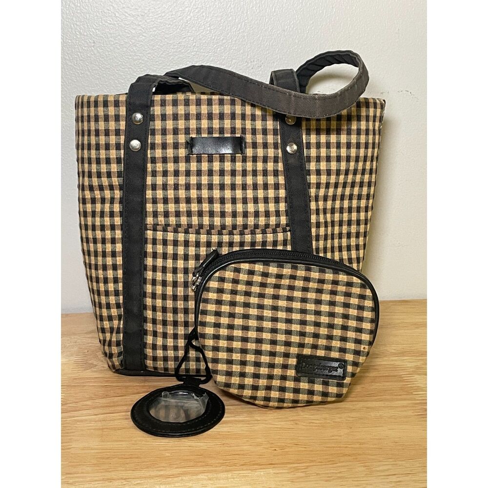 Vintage Longaberger Homestead Gingham Tote Bag Handbag Cosmetic Pouch Mirror Set